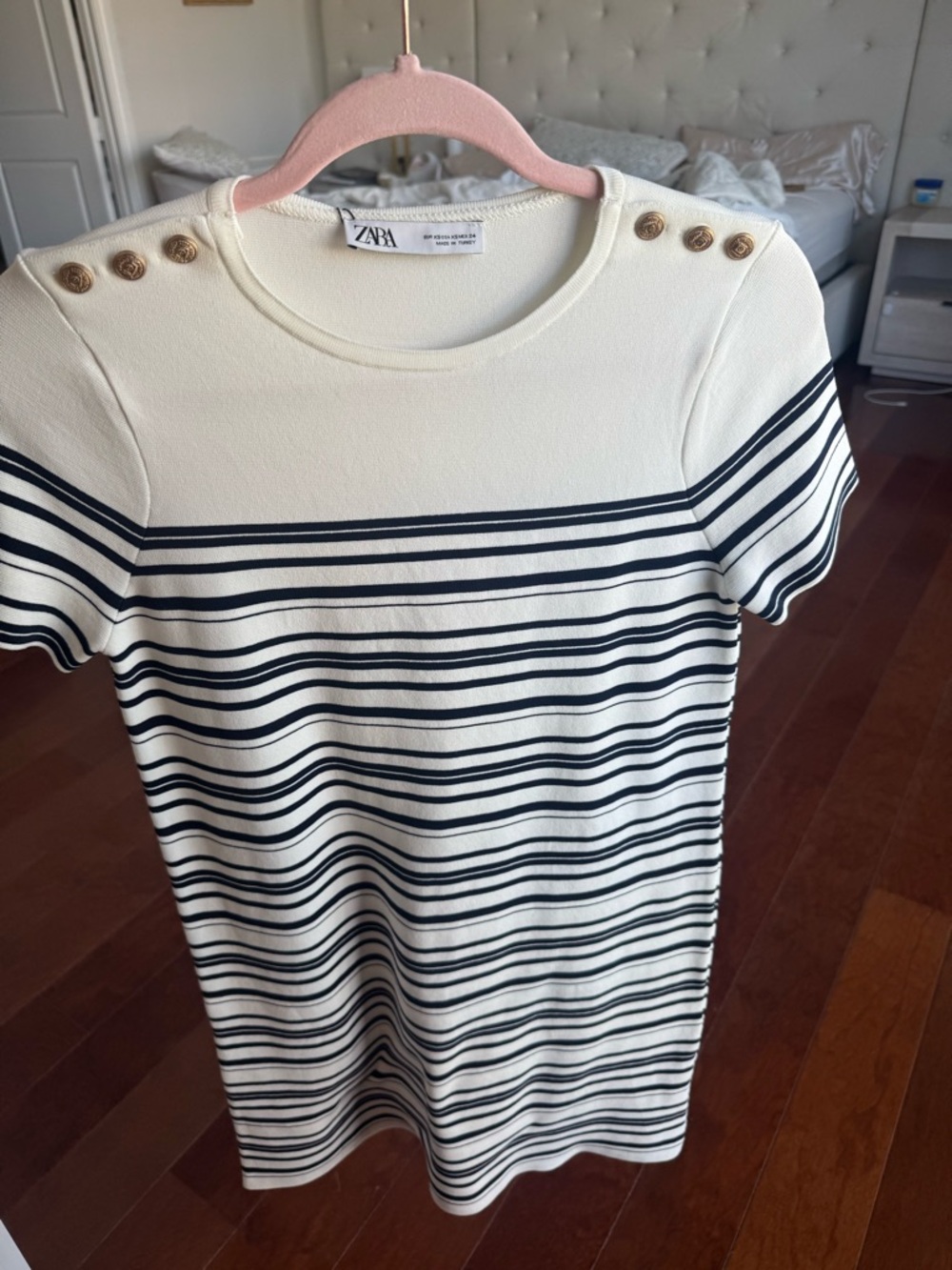Zara Cream and Navy Striped Short-Sleeve Knit Top with Gold Buttons